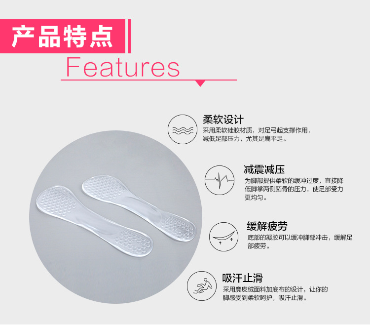 PU鞋墊，硅膠鞋墊驕正腳形、緩解疲功、減震減壓功能解說采用柔軟硅膠材質(zhì)，對足弓起支撐作用，減低足底壓力，特別是扁平足。