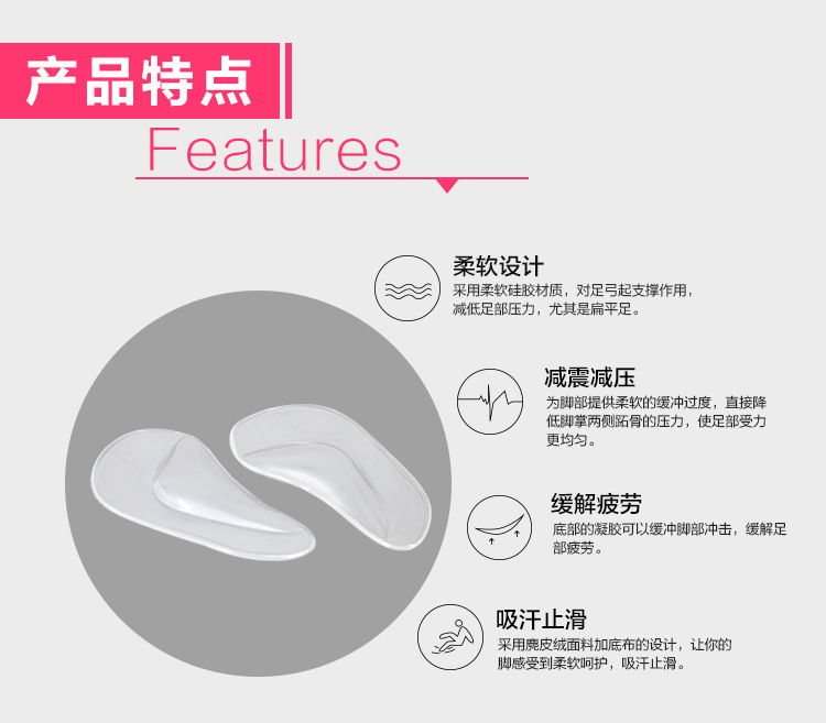 PU鞋墊，硅膠鞋墊驕正腳形、緩解疲功、減震減壓功能解說采用柔軟硅膠材質(zhì)，對足弓起支撐作用，減低足底壓力，特別是扁平足。